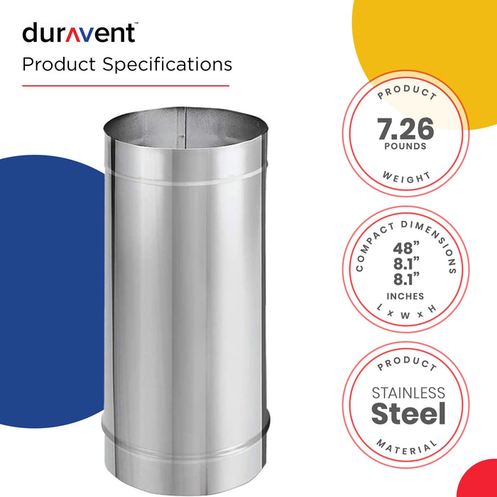 DuraVent DuraBlack 48 x 8 Inch Stainless Steel Single Wall Stove Pipe, Silver