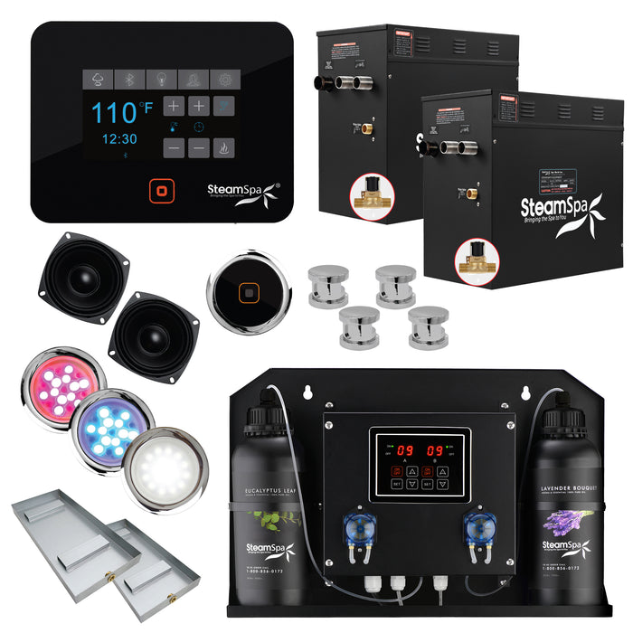 Black Series WiFi and Bluetooth 2 x 10.5kW QuickStart Steam Bath Generator Package w/ Dual Aroma Pump in Polished Chrome