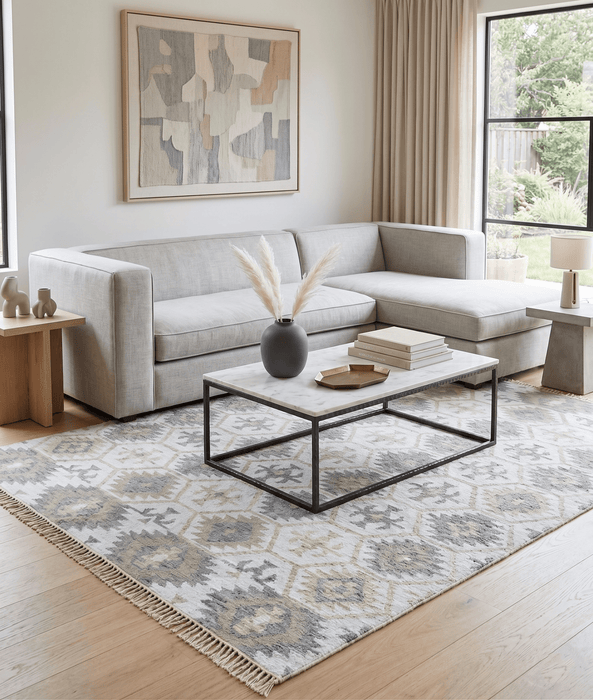 Ivory And Beige Modern Style Fine Wool and Viscose Rug