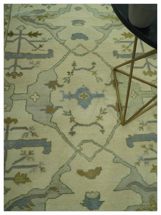Ivory and Blue 6x9 Hand Knotted Traditional Oriental Oushak wool area rug