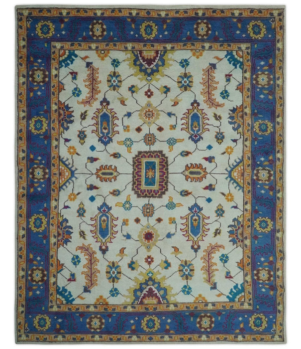 Ivory and Blue Hand Knotted Traditional Design 8x10 wool Area Rug
