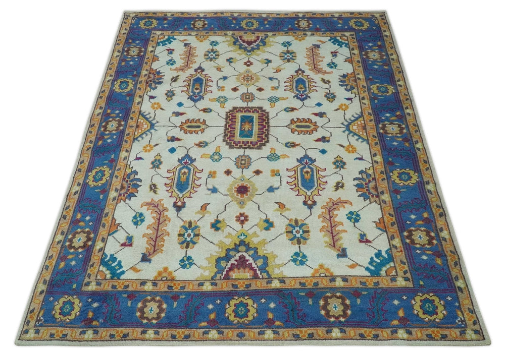 Ivory and Blue Hand Knotted Traditional Design 8x10 wool Area Rug