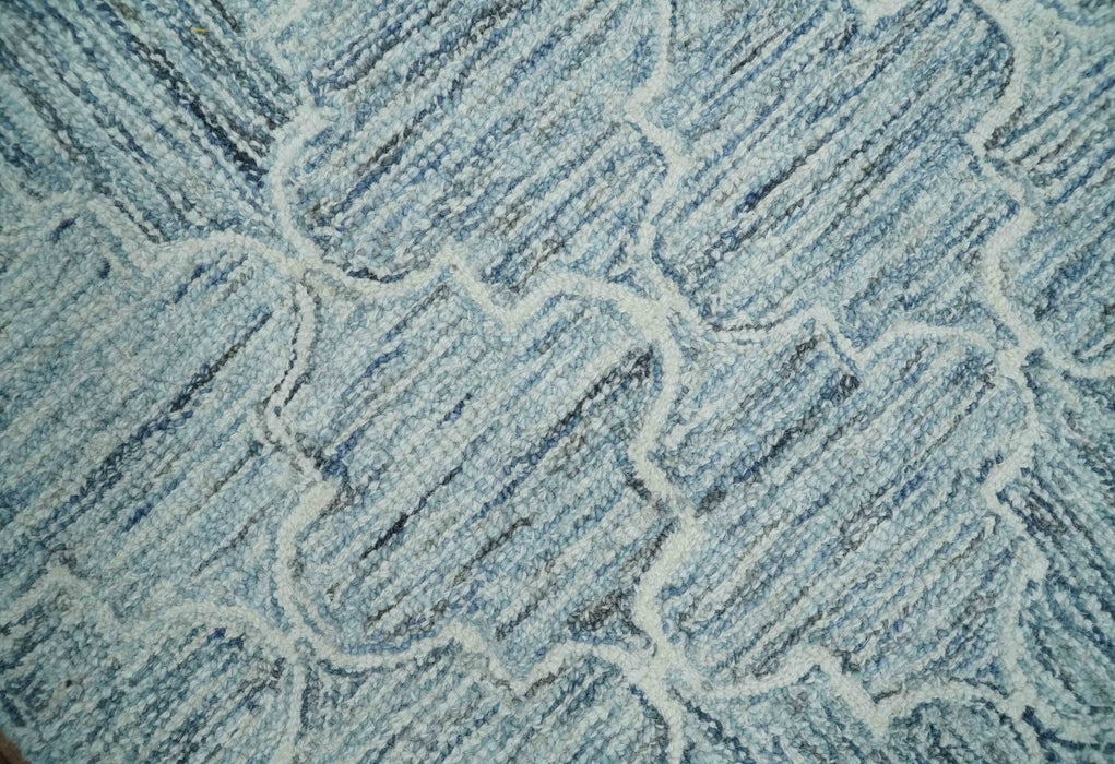 Ivory and Blue Modern Geometric Hand Tufted Multi Size Natural Wool Area Rug
