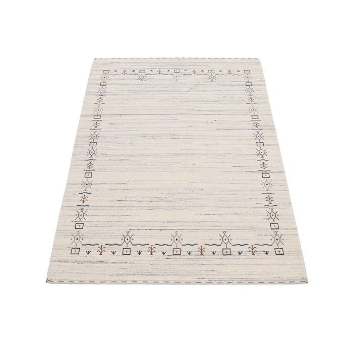 Ivory And Blue Tribal Border Design Hand Loomed Wool Area Rug