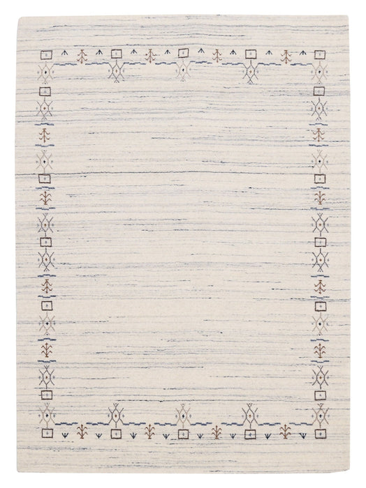 Ivory And Blue Tribal Border Design Hand Loomed Wool Area Rug