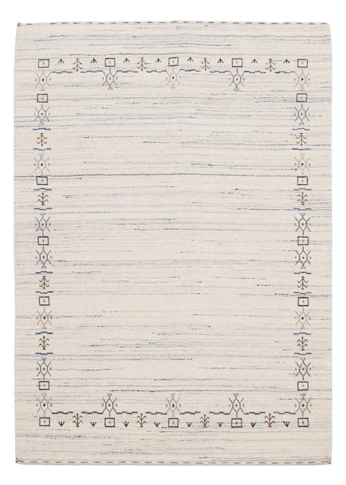 Ivory And Blue Tribal Border Design Hand Loomed Wool Area Rug