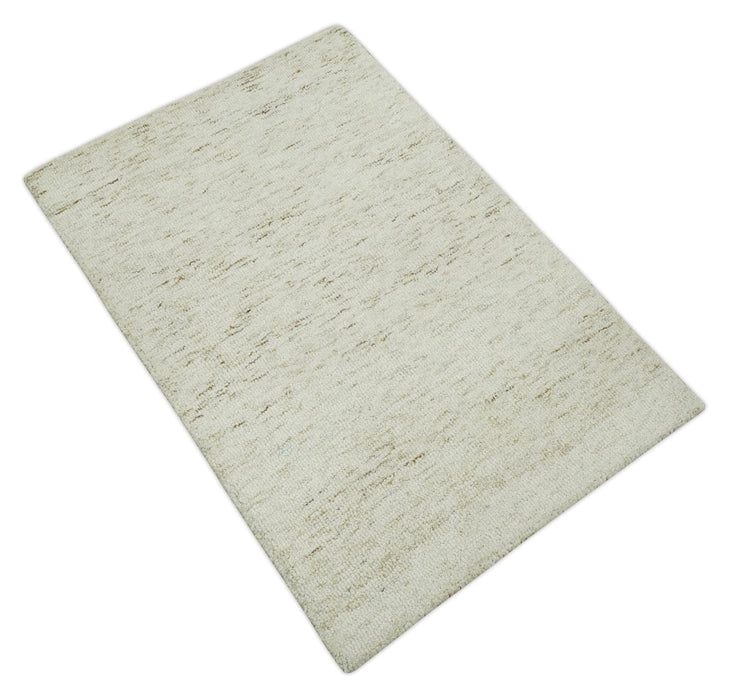 Ivory and Brown Abstract Hand Tufted Multi Size Natural Wool Area Rug