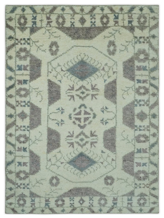 Ivory and Brown Traditional Hand Knotted Multi Size wool Area Rug