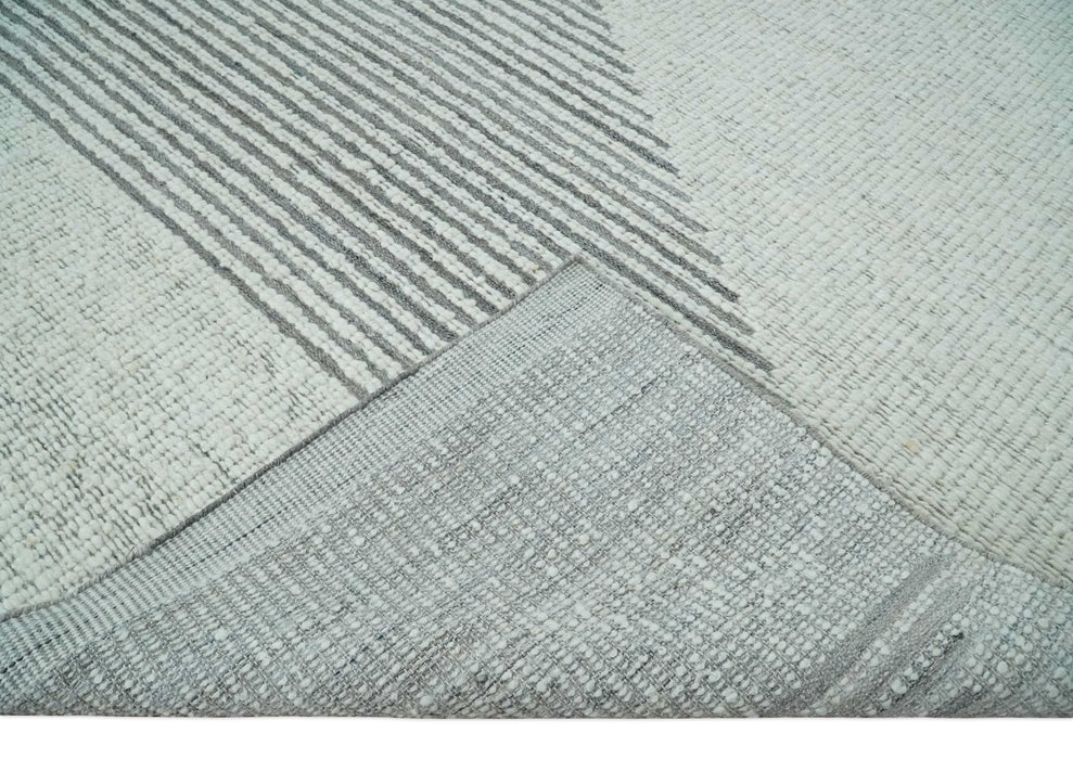 Ivory and Charcoal Traditional Stripes Hand Knotted 8x10 Wool Area Rug