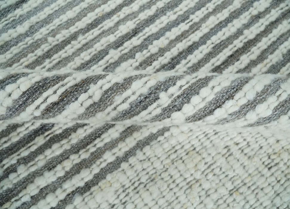 Ivory and Charcoal Traditional Stripes Hand Knotted 8x10 Wool Area Rug