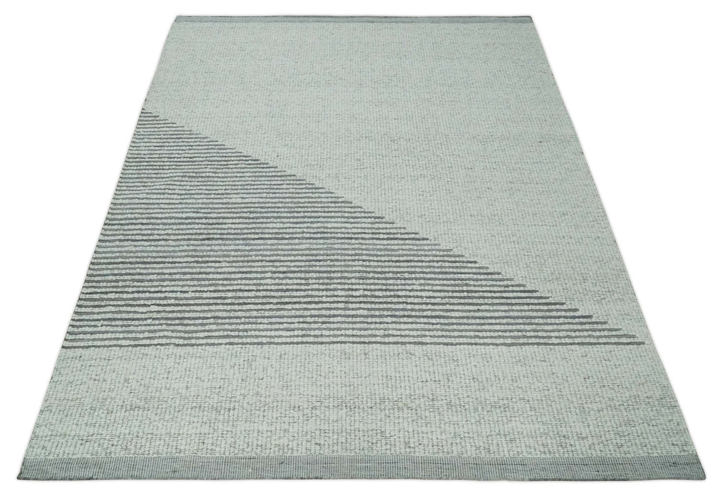Ivory and Charcoal Traditional Stripes Hand Knotted 8x10 Wool Area Rug