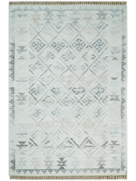 Contemporary Ivory and Gray Hand Woven Rug made with Fine Blended Wool