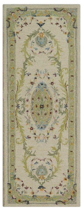 Ivory and Green Custom Made French Design Aubusson Hand Tufted Wool Area Rug