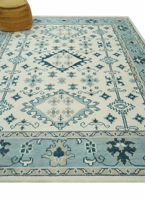 Ivory and Light Blue Traditional Oriental Hand Knotted Custom Made wool area Rug