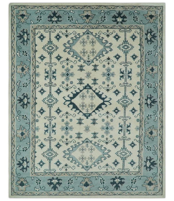 Ivory and Light Blue Traditional Oriental Hand Knotted Custom Made wool area Rug