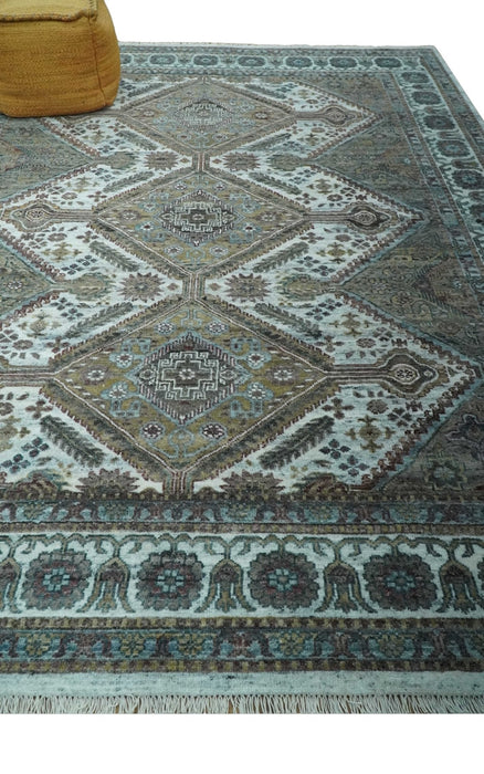 Ivory and Olive 8x10 Hand Knotted Traditional Design wool area rug
