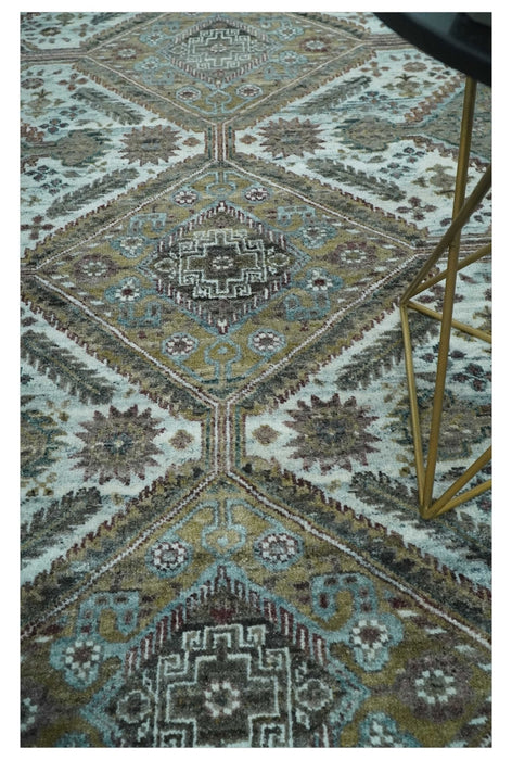 Ivory and Olive 8x10 Hand Knotted Traditional Design wool area rug