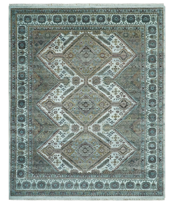 Ivory and Olive 8x10 Hand Knotted Traditional Design wool area rug