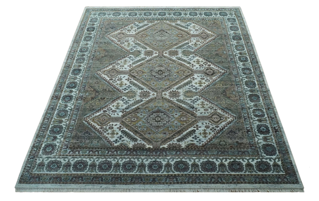 Ivory and Olive 8x10 Hand Knotted Traditional Design wool area rug