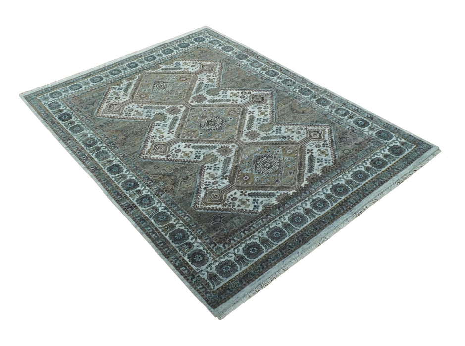Ivory and Olive 8x10 Hand Knotted Traditional Design wool area rug