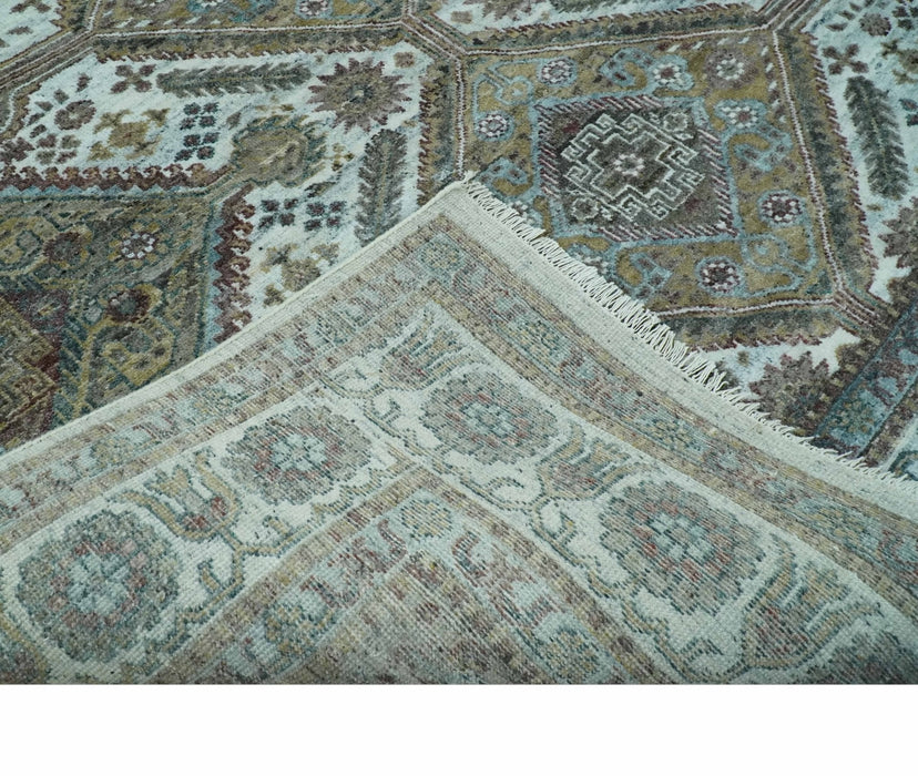 Ivory and Olive 8x10 Hand Knotted Traditional Design wool area rug