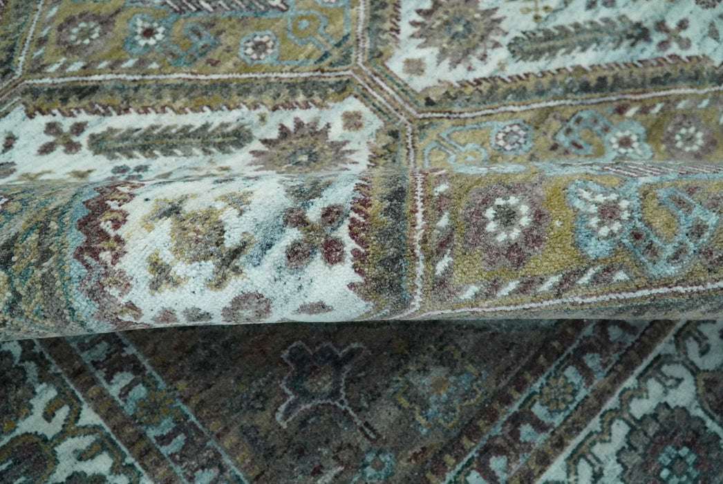 Ivory and Olive 8x10 Hand Knotted Traditional Design wool area rug