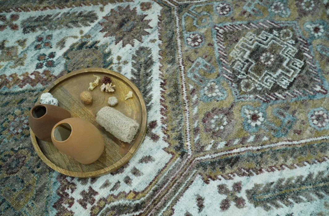 Ivory and Olive 8x10 Hand Knotted Traditional Design wool area rug