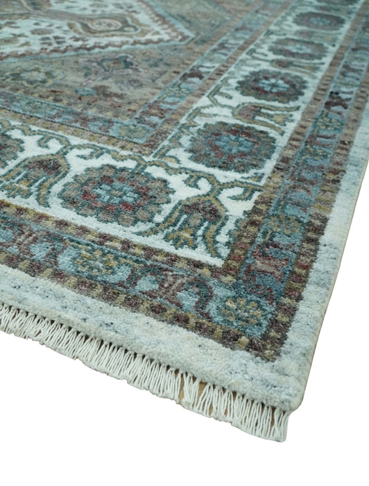 Ivory and Olive 8x10 Hand Knotted Traditional Design wool area rug