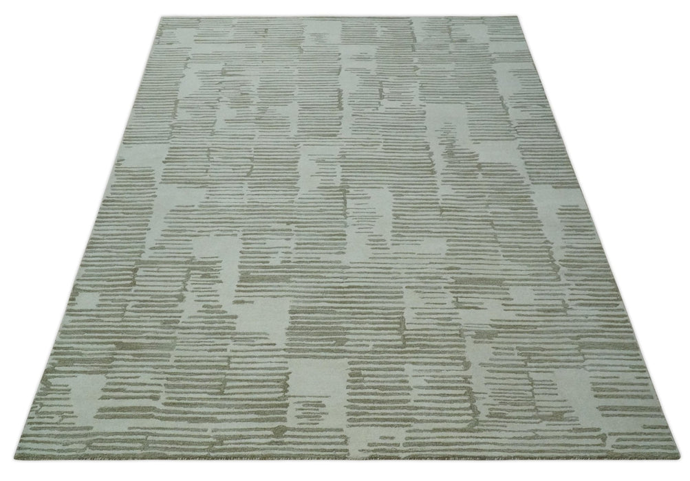 Ivory and Olive Modern Stripes Design Hand Tufted 8x10 wool Area Rug, Kids, Living Room and Bedroom Rug