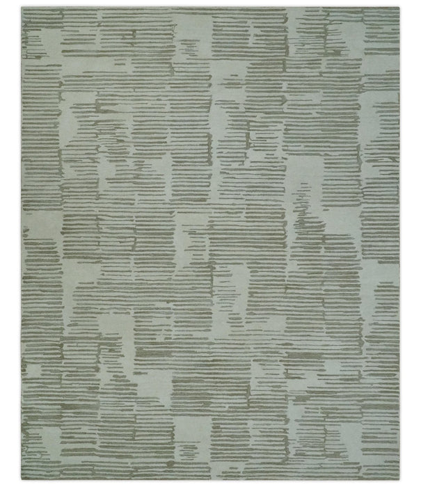 Ivory and Olive Modern Stripes Design Hand Tufted 8x10 wool Area Rug, Kids, Living Room and Bedroom Rug