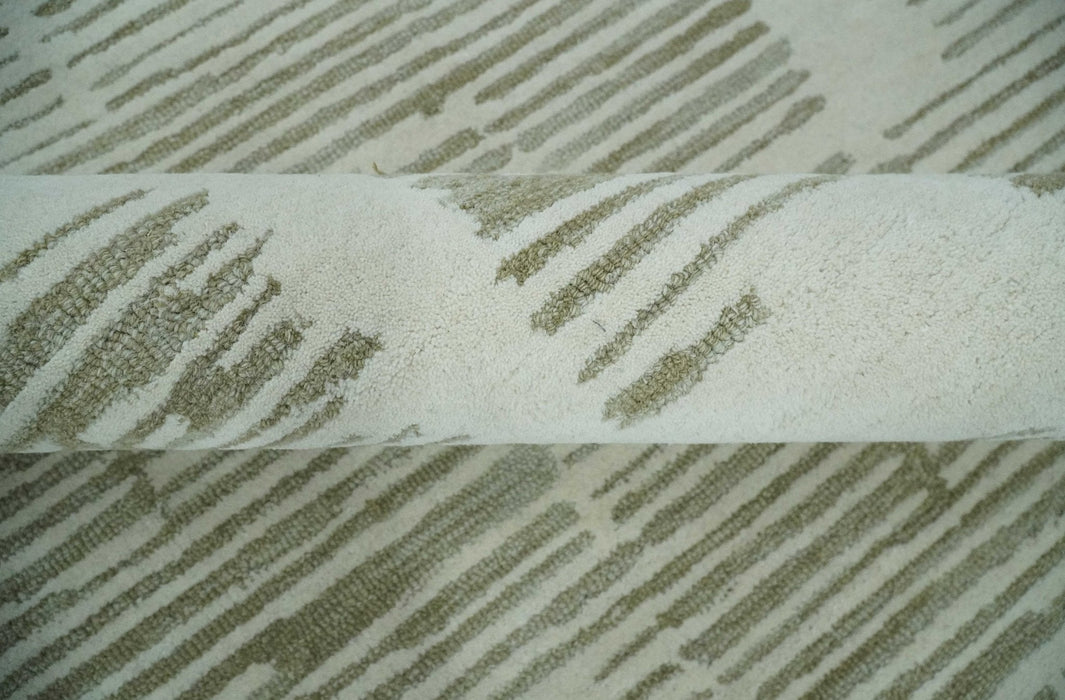 Ivory and Olive Modern Stripes Design Hand Tufted 8x10 wool Area Rug, Kids, Living Room and Bedroom Rug