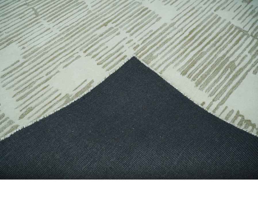 Ivory and Olive Modern Stripes Design Hand Tufted 8x10 wool Area Rug, Kids, Living Room and Bedroom Rug