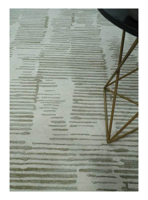 Ivory and Olive Modern Stripes Design Hand Tufted 8x10 wool Area Rug, Kids, Living Room and Bedroom Rug