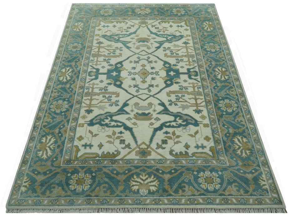 Ivory and Teal Hand Knotted Traditional Oriental Oushak Multi size wool area rug