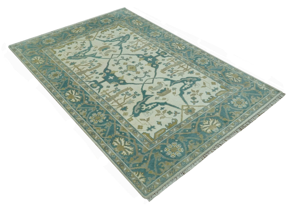 Ivory and Teal Hand Knotted Traditional Oriental Oushak Multi size wool area rug