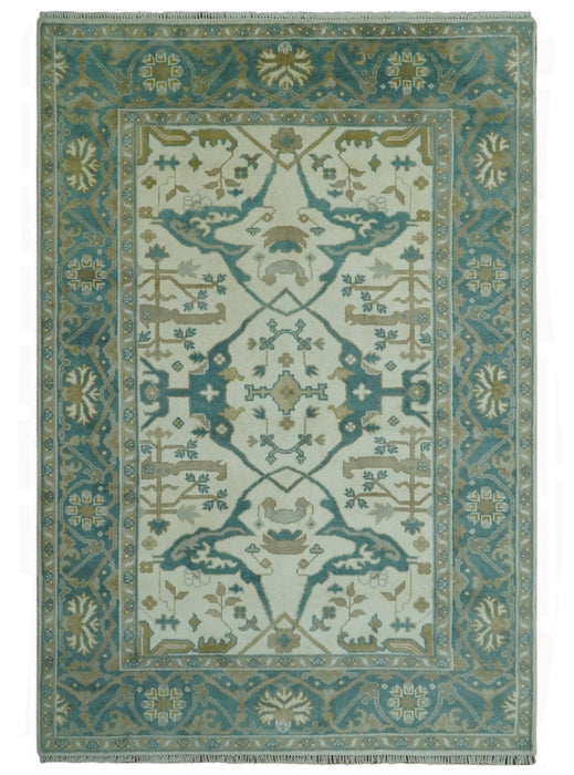 Ivory and Teal Hand Knotted Traditional Oriental Oushak Multi size wool area rug