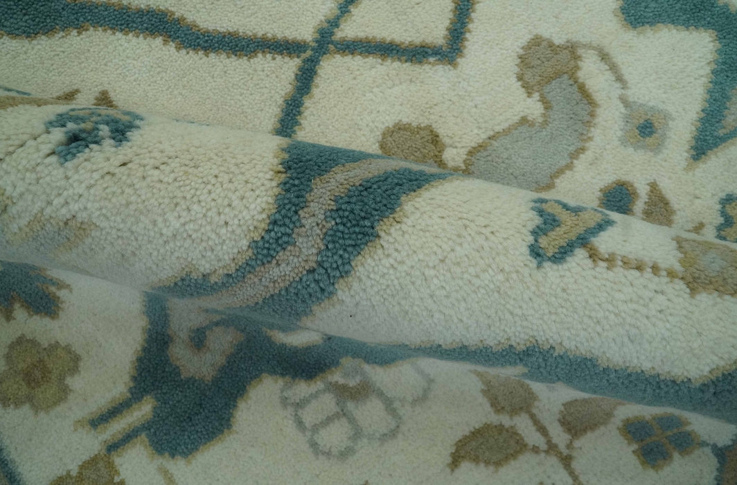Ivory and Teal Hand Knotted Traditional Oriental Oushak Multi size wool area rug