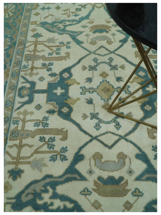 Ivory and Teal Hand Knotted Traditional Oriental Oushak Multi size wool area rug