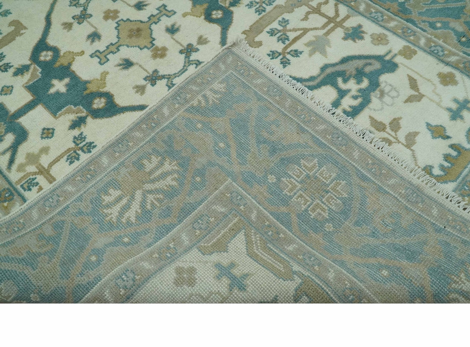 Ivory and Teal Hand Knotted Traditional Oriental Oushak Multi size wool area rug
