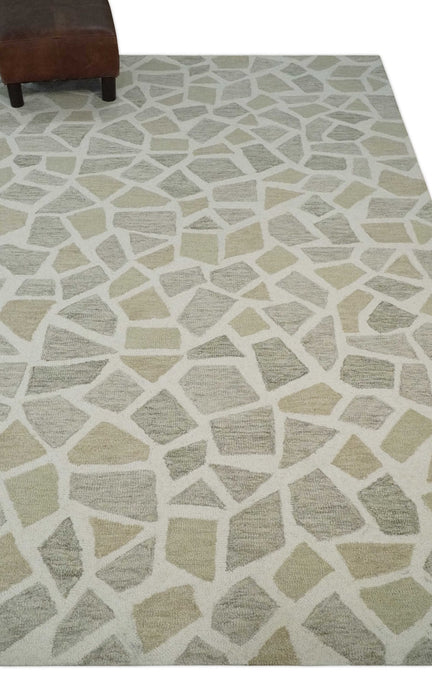 Ivory Beige and Brown mosaic Design Custom Made Hand Hooked  Modern Style Rug