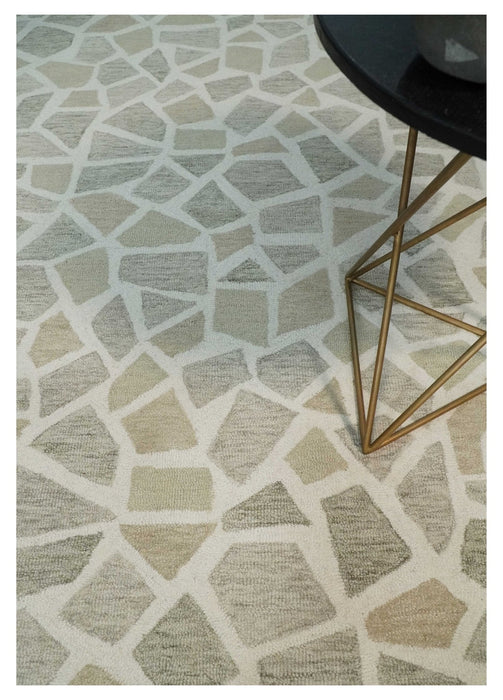 Ivory Beige and Brown mosaic Design Custom Made Hand Hooked  Modern Style Rug