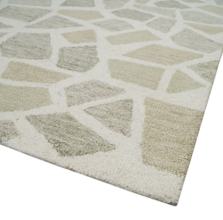 Ivory Beige and Brown mosaic Design Custom Made Hand Hooked  Modern Style Rug