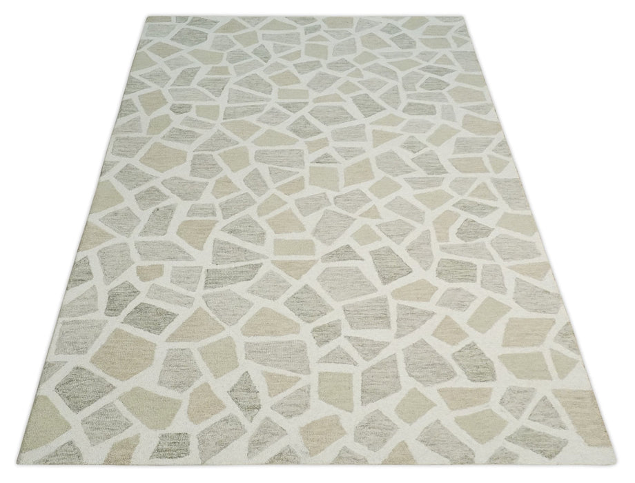 Ivory Beige and Brown mosaic Design Custom Made Hand Hooked  Modern Style Rug