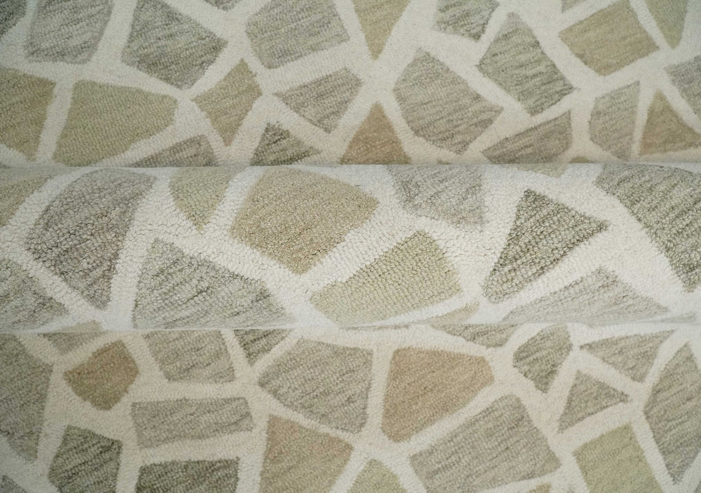 Ivory Beige and Brown mosaic Design Custom Made Hand Hooked  Modern Style Rug
