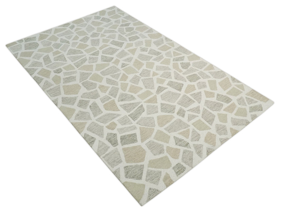 Ivory Beige and Brown mosaic Design Custom Made Hand Hooked  Modern Style Rug