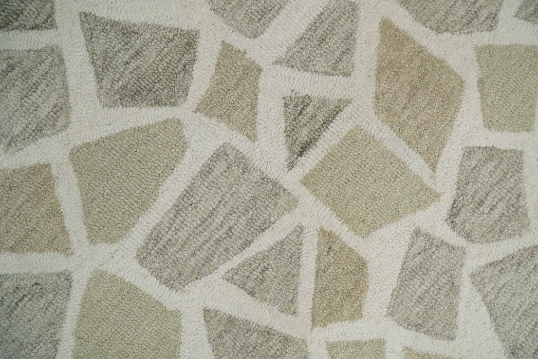 Ivory Beige and Brown mosaic Design Custom Made Hand Hooked  Modern Style Rug