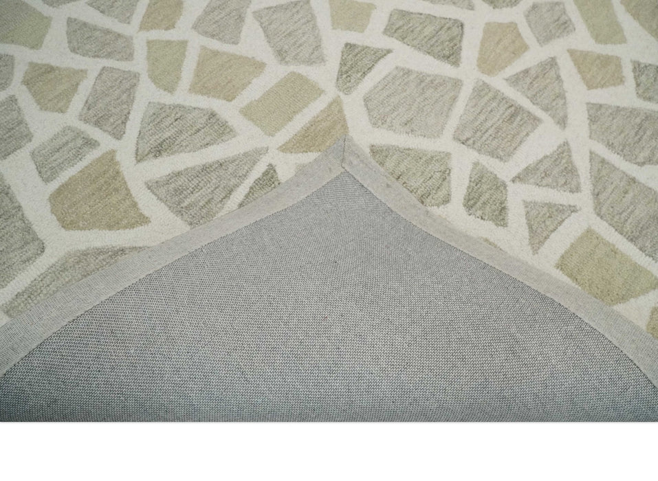 Ivory Beige and Brown mosaic Design Custom Made Hand Hooked  Modern Style Rug