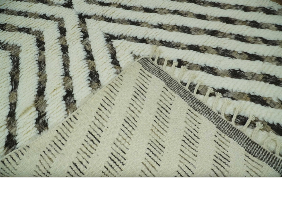 Ivory, Beige and Charcoal Modern Stripes Plush Pile Moroccan Style Hand knotted 5x8 wool Area Rug