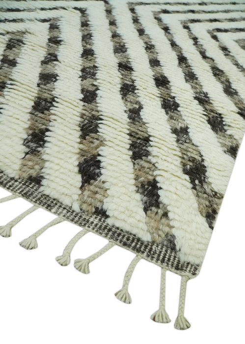 Ivory, Beige and Charcoal Modern Stripes Plush Pile Moroccan Style Hand knotted 5x8 wool Area Rug