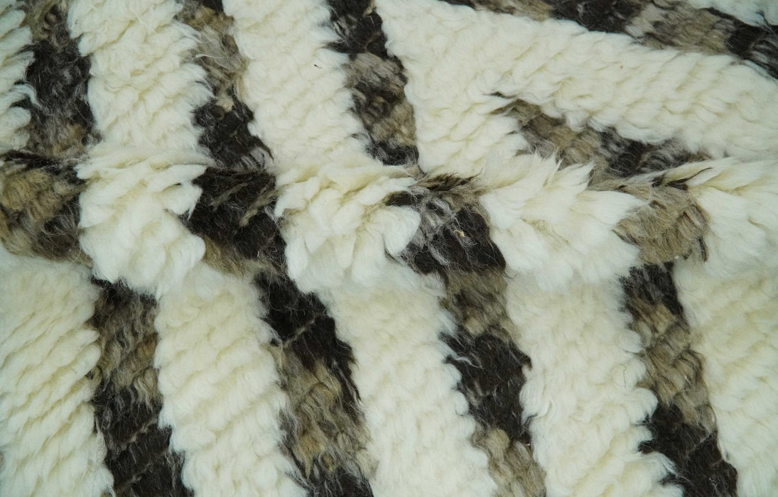 Ivory, Beige and Charcoal Modern Stripes Plush Pile Moroccan Style Hand knotted 5x8 wool Area Rug